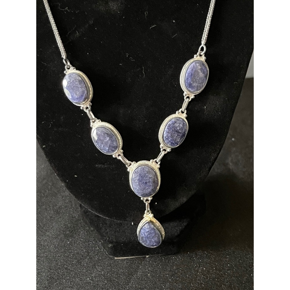 Stauer Necklace and Earring Set Sterling Silver Simulated Sapphire Jewelry Women - Picture 3 of 8